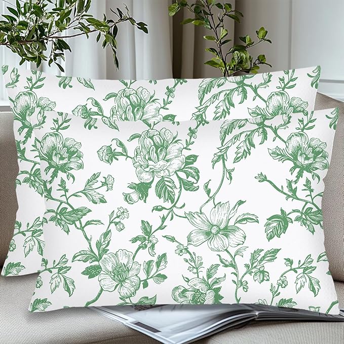 Green and White Porcelain Floral Pillow Cover Queen Size Set of 2 Vintage Flowers Lumbar Pillow Case Standard Pillowcase with Zipper Chinoiserie Decorative Pillows Covers for Bedroom,Couch,20"x30"