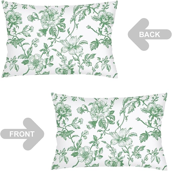 Green and White Porcelain Floral Pillow Cover Queen Size Set of 2 Vintage Flowers Lumbar Pillow Case Standard Pillowcase with Zipper Chinoiserie Decorative Pillows Covers for Bedroom,Couch,20"x30"