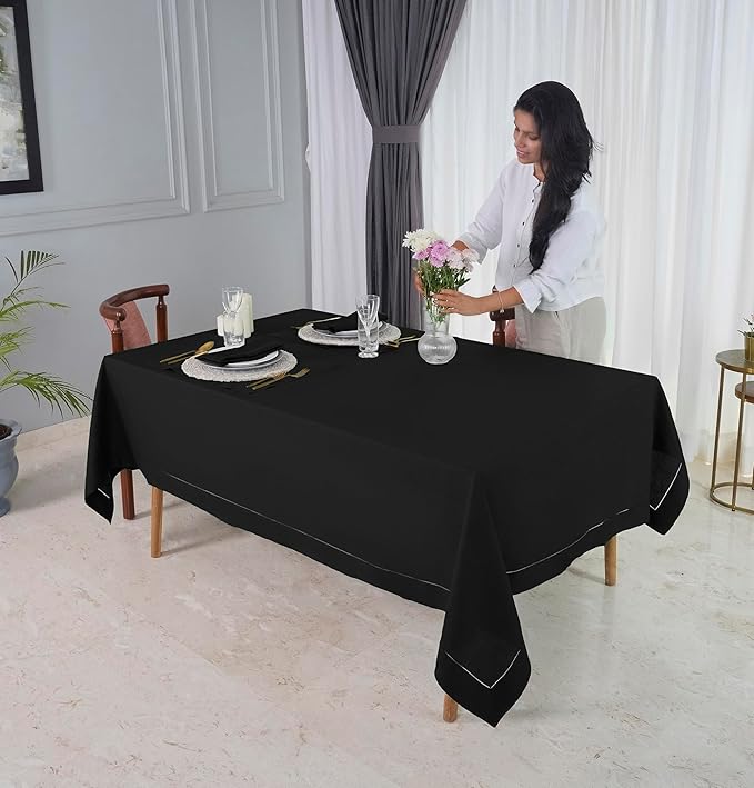 D'Moksha Homes Black Linen Tablecloth for Rectangle Tables 60 x 144 Inch - 100% Pure Linen Black Table Cloth - Classic Hemstitch, Machine Washable Dining Tablecloth for Christmas