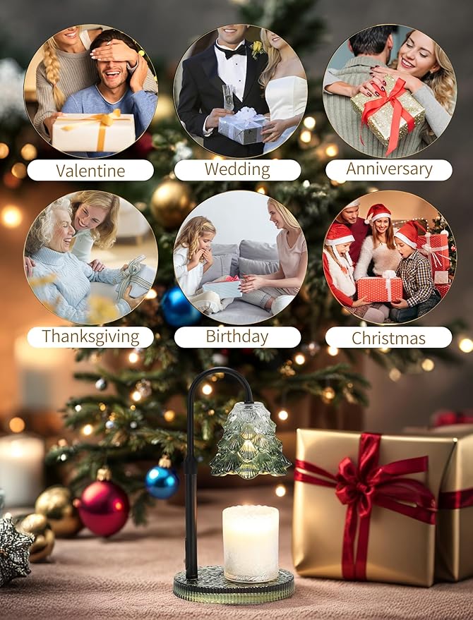 Candle Warmer Lamp with Timer & Dimmer, Crown Glass Lamp Candle Warmer for Jar Candles, 2 Bulbs, Height Adjustable Electric Wax Warmer for Elegant Home Decor (Evergreen Glow)