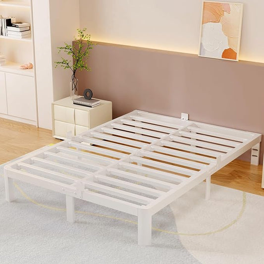 10 Inch Queen Bed Frame with Metal Baffles, White Bed Frame Queen Size No Box Spring Needed, Heavy Duty Steel Platform Support, Reserved Holes, Storage Space, Round Corner Design, Noise Free