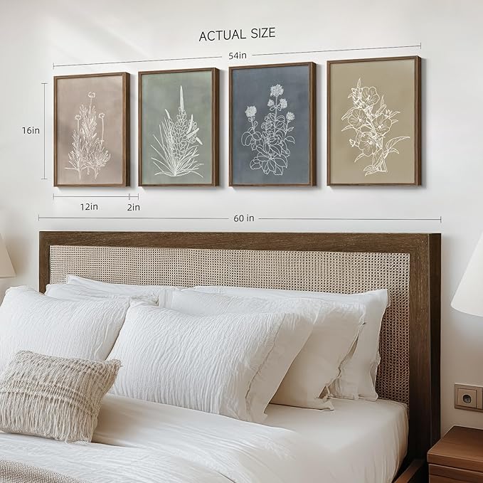 Framed Boho Botanical Wall Art for Living Room, 4 Piece Rustic Floral Canvas Painting Prints, Vintage Minimalist Neutral Flower Artwork for Modern Farmhouse Bedroom Dining Room Office Wall Decor