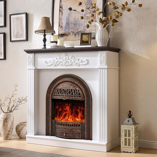 45" Electric Fireplace with Mantel, Farmhouse FreeStanding Electric Fireplace Heater Entertainment Center Wooden TV Stand, 30'' Fireplace Insert Heater for Living Room,Bedroom-Bronze Heater