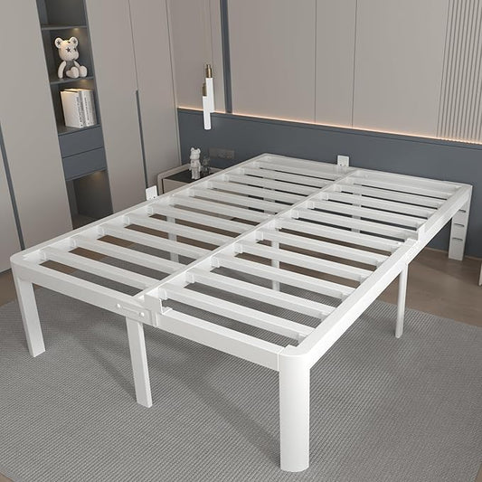 Full Size Bed Frame 16 Inch, White Full Bed Frame with Anti-Slip Baffles, No Box Spring Needed, Heavy Duty Steel Platform Supprt, Rounded Corner Design, Reserved Holes, Noiseless, Storage Space
