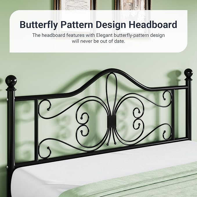 Allewie Full Size Bed Frame with Headboard,Metal Bed Frame with Butterfly Pattern Design Headboard & Footboard,No Box Spring Needed,Easy Assembly,Black