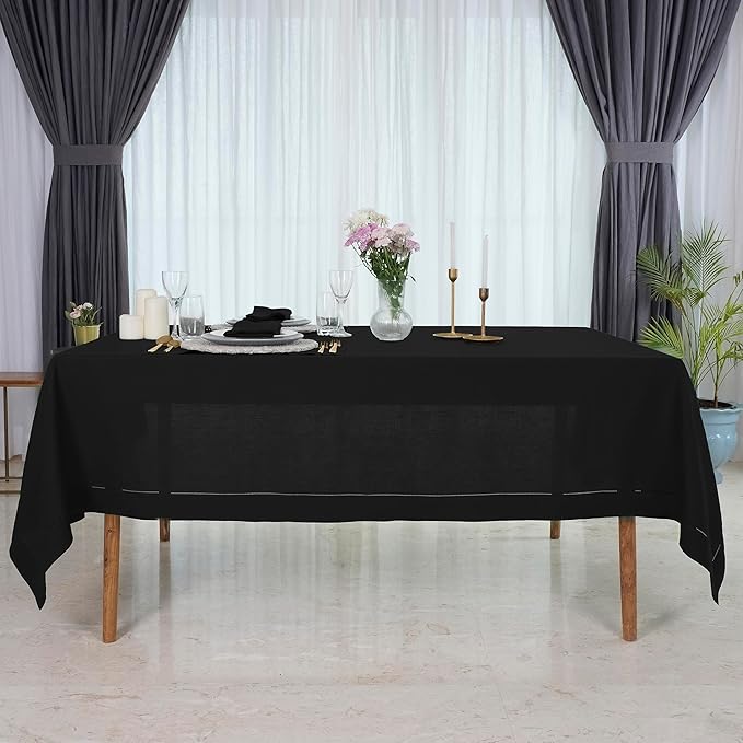 D'Moksha Homes Black Linen Tablecloth 54 x 72 Inch - 100% Pure Linen Black Table Cloth for Rectangle Tables - Classic Hemstitch, Machine Washable Tablecloth for Winter, Christmas, Holiday