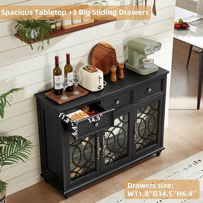 Farmhouse Sideboard Buffet Cabinet Set of 2 with Storage,48" Large Credenza with 3 Glass Doors & 3 Drawers,Adjustable Shelves Console Table,Wood Kitchen Coffee Bar for Dining Room,Black