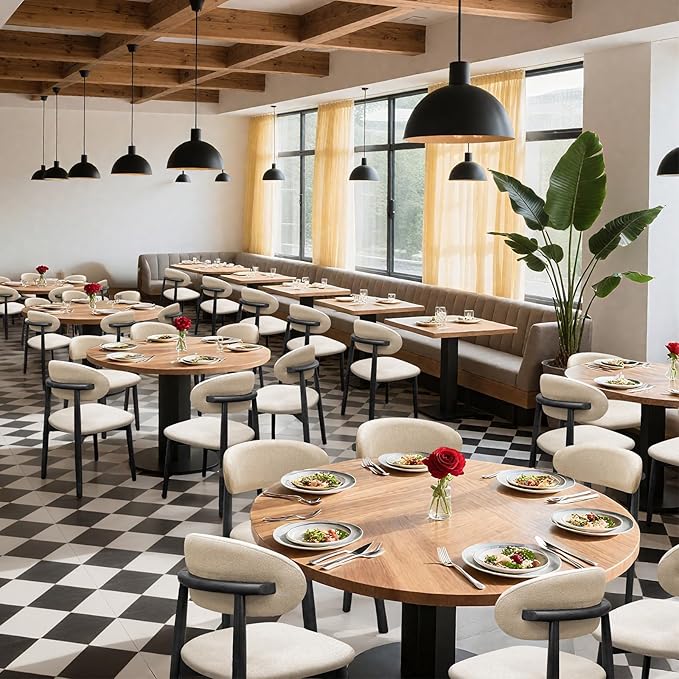 Farmhouse Dining Chairs Set of 4, Mid Century Modern Fabric Upholstered Kitchen Chairs, Wooden Dining Room Chair with Curved Back for Kitchen Dining Room Restaurant Cafe, Beige (Only Chairs)