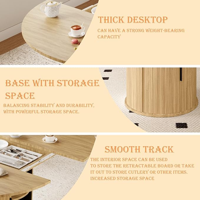 Extendable Round/Oval Dining Table Seats 2-4-6, 59" Modern Farmhouse Design with 2-Tier Storage & Fluted Slide Door, Dining Room Kitchen Furniture (Oak, 59 inches)