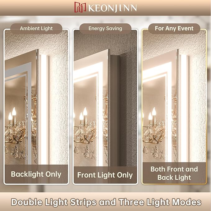 Keonjinn Bathroom Mirror with Lights 47.6" x 35.8" with Backlit and Front Light, Stepless 3 Colors Temperature Dimmable LED Bathroom Mirror, UL Listed LED Driver, Tempered Glass Lighted Vanity Mirror