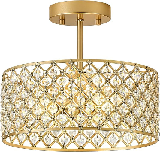 Gold Crystal Ceiling Light Fixture,Modern Semi Flush Mount Ceiling Lighting Fixture,Round Small Chandelier for Dining Room, Hallway, Entryway, Kitchen, Bedroom,Foyer,3 Light,12 inch