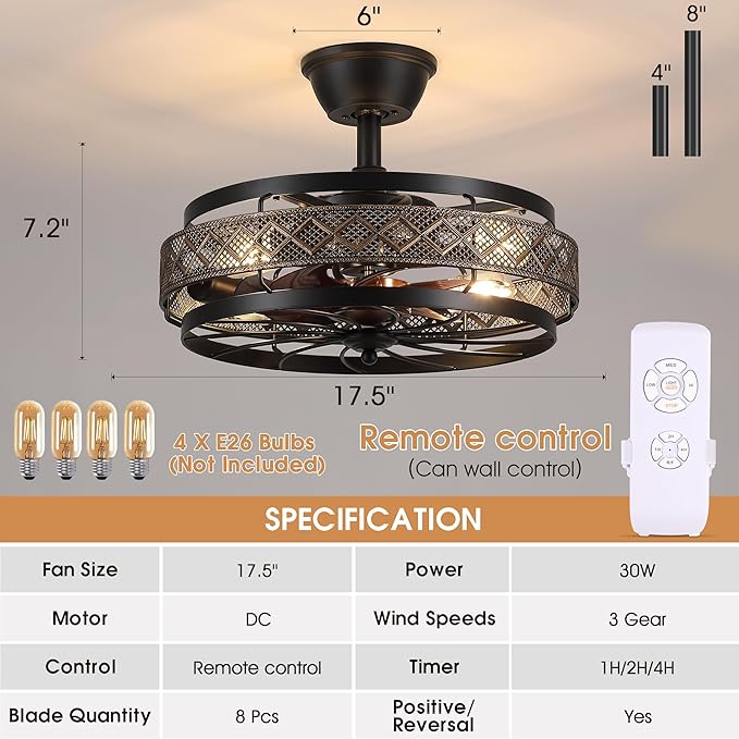 18" Black Caged Ceiling Fan with Lights, Bladeless Industrial Ceiling Fan with Remote, 6 Speeds, Farmhouse Ceiling Fan Light Fixture for Kitchen, Bedroom(Bulbs Not Included)