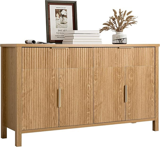 Fluted 55'' Sideboard Cabinet with Drawers,Large Storage Buffet 4 Doors and 2 Drawers Coffee Bar Console Table Storage for Dinning Room, Kitchen, Living Room (Wood)