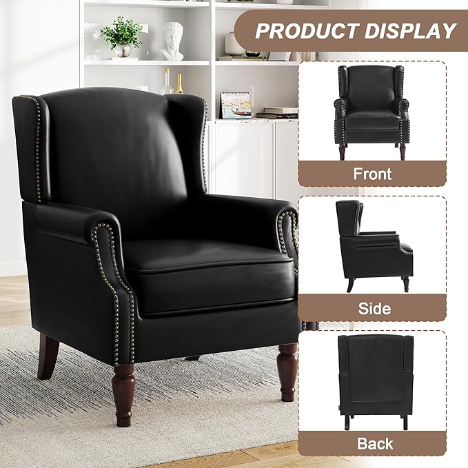 Pia Ricco Set of 2 Faux Leather Accent Chairs, High Back Wingback Armchairs with Retro Floral Design, Nailhead Trim & Solid Wood Legs for Living Room Bedroom (Black)