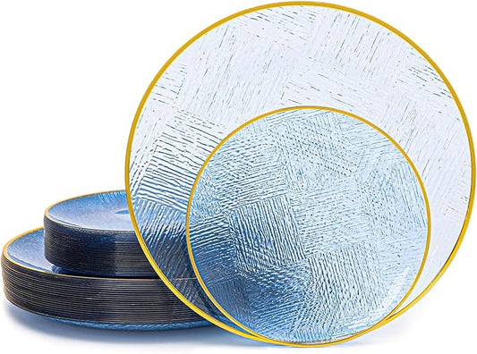 120 PCS Blue Clear Plastic Plates, Geometric Embossed Disposable Plates with Gold Rim, Heavy-duty Gold Plates Include 10" Dinner Plate and 7" Salad Plate for Party and Wedding