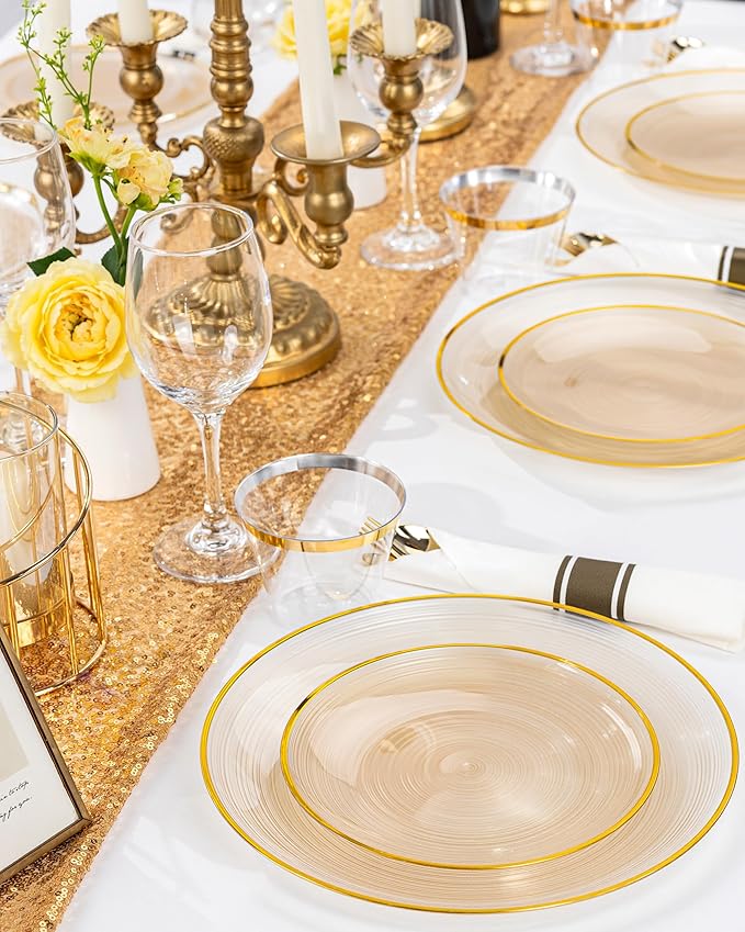 Morejoy 60Pcs Brown Plastic Plates,Brown Disposable Plates With Gold Rim, Gold Party Dinnerware Set Include 30 Dessert plates,30 Dinner plates for Party,Thanksgiving