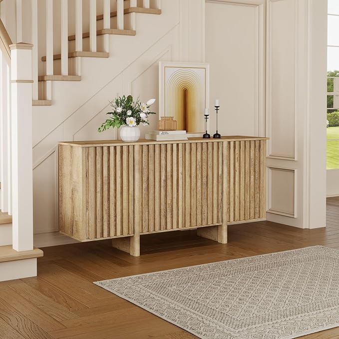 LukeAlon Fluted Sideboard Cabinet with Storage, 65" Farmhouse Accent Buffet Cabinet Credenza, Wooden Entryway Cabinets Long Console Table for Living Room Dining Room Hallway, Natural Wood Color