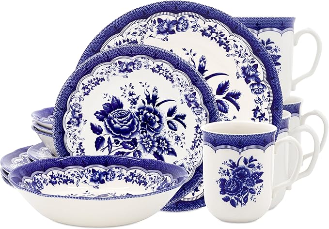 Tudor Royal 16-Piece Porcelain Round Dinnerware Set, Service for 4, Victoria Blue Design, Blue Floral, Plates Bowls Dishes, Glossy, Premium Quality Tableware, Unique Pattern