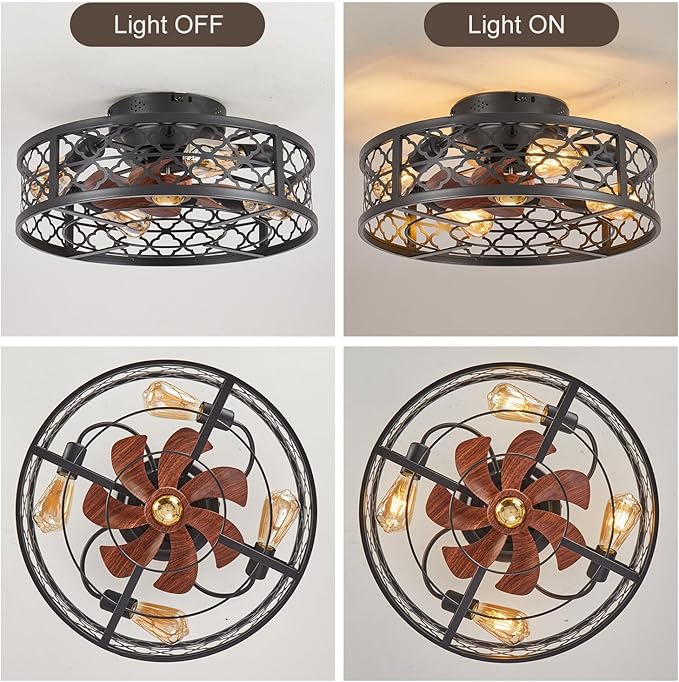 Farmhouse Ceiling Fans with Lights Remote Control,6 Speed Reversible Flush Mount Low Profile Rustic Ceiling Fan with Light with bulb 4*E26,Boho Bladeless Country Caged Ceiling Light Fixture