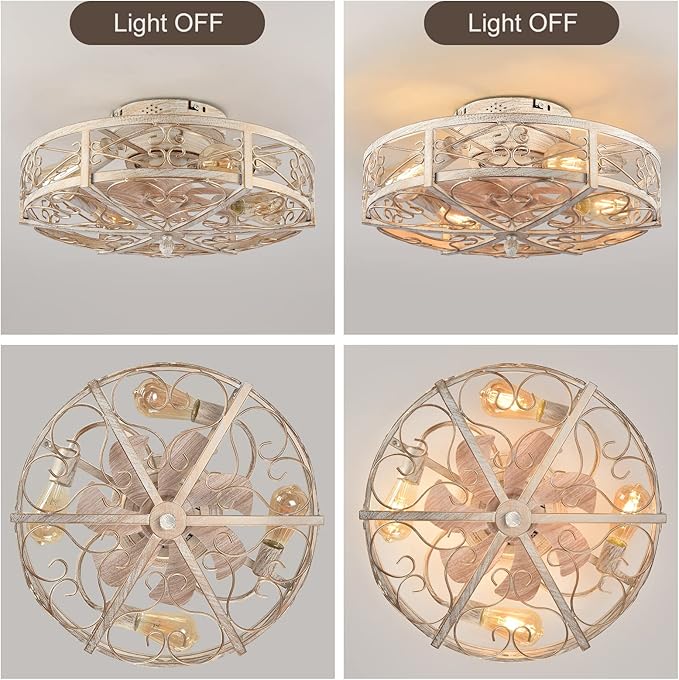 20" Caged Ceiling Fan with Light,Vintage Rustic Farmhouse Kitchen Decor,Bladeless Ceiling Fans with Lights and Remote,Low Profile Fan for Bedroom,Reversible 6 Speeds Motor,4 E26 Bulbs Included
