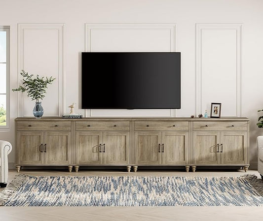 WAMPAT Farmhouse TV Stand for 85 inch TV with 8 Doors and 4 Drawers, Wood Universal TV Stand with Large Storage Cabinets, Grey Entertainment Center TV Console Table for Living Room, Bedroom