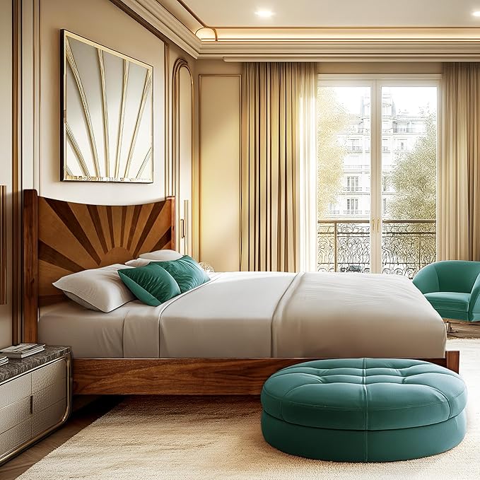 Sunset Deluxe Solid Acacia Wood King Size Platform Bed Frame with Tall Headboard, Mid-Century & Art Deco Design, No Box Spring Needed, Strong Wood Slat Support, Easy Assembly, Walnut