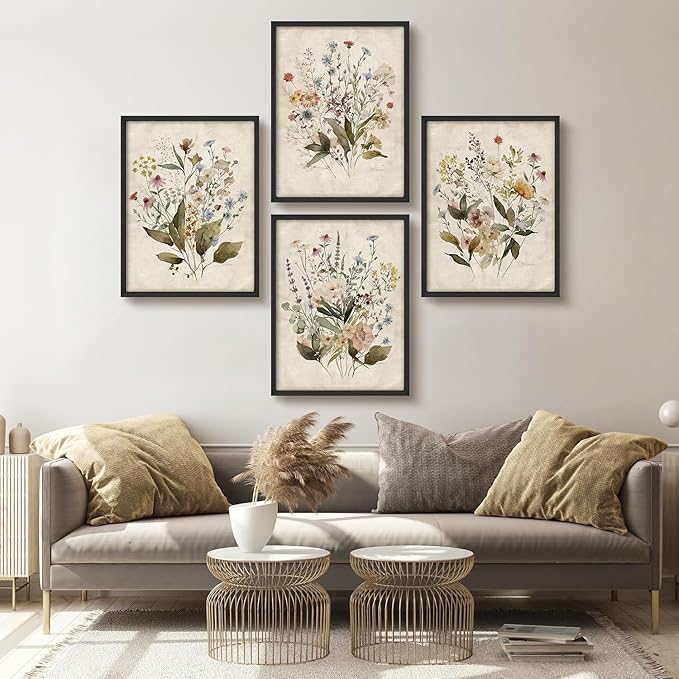 SIGNWIN Framed Set Vintage Wildflower Bouquet Antique Botanical Illustrations Modern Art Decorative Scenic Multicolor Nature Wilderness for Bedroom - 11"x14"x4 Black