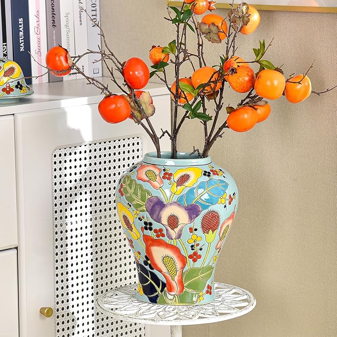 Sungmor Decorative Ceramic Ginger Jar with Lid, Floral Pattern Porcelain Temple Storage Jar, 14" Hand Painted Ceramic Flower Vase for Centerpiece, Blue Glazed Vase for Flower Arrangement, Home Decor