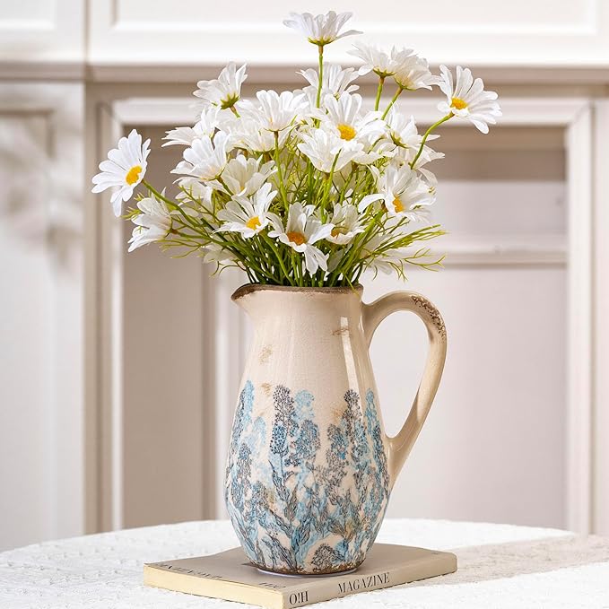 Vintage Blue and Beige Floral Ceramic Vase with Handle, Retro Ice Glazed Crack Farmhouse Pitcher Vase for Home Decor, Living Room, Shelf, Office, French Country Decorative Flower Vase 8.7 Inch