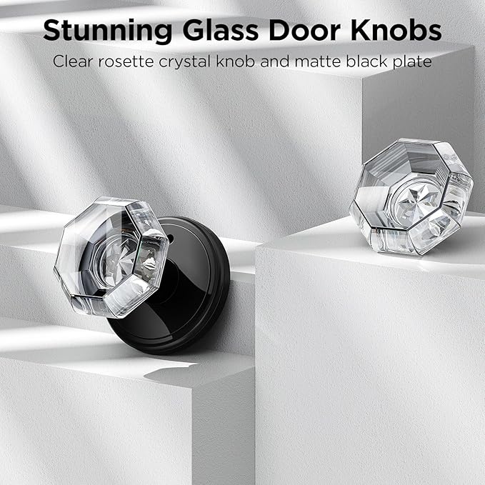 1 Pack Crystal Door Knob, Octagon Shaped Glass Door Knobs Interior with Lock, Matte Black Door Knobs Interior Glass