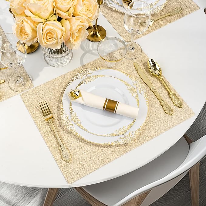 175PCS Gold Plastic Plates for 25 Guests, Disposable Dinnerware Sets Include 50 Gold Rim Plastic Plates, 25 Silverwares, 25 Cups, and 25 Pre Rolled Napkins for Party, Wedding and Graduation
