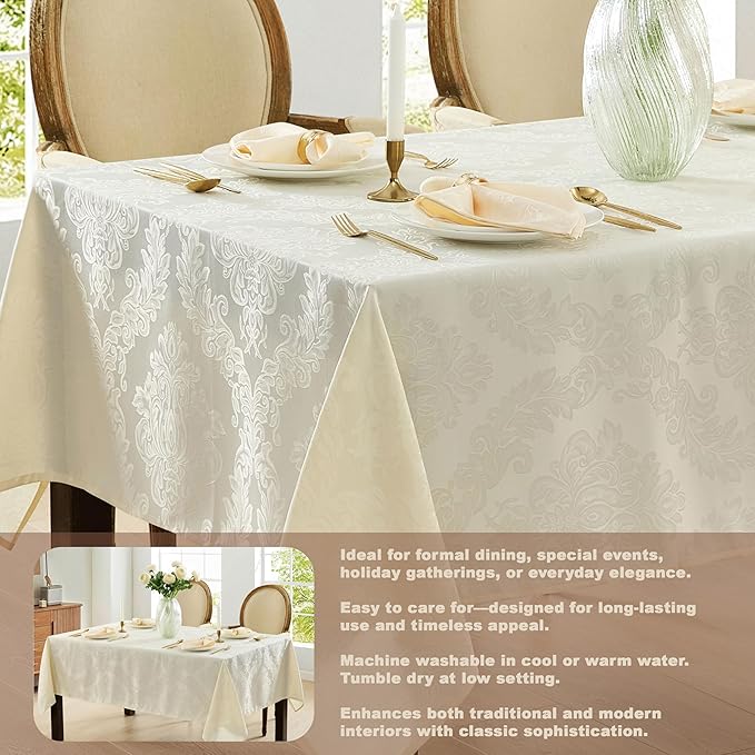 Newbridge Barcelona Luxury Damask Fabric Tablecloth, 60” Wide x 84” Rectangle, Antique White, 100% Polyester, No Iron, Soil Resistant Dining Room, Party and Banquet Table Cover