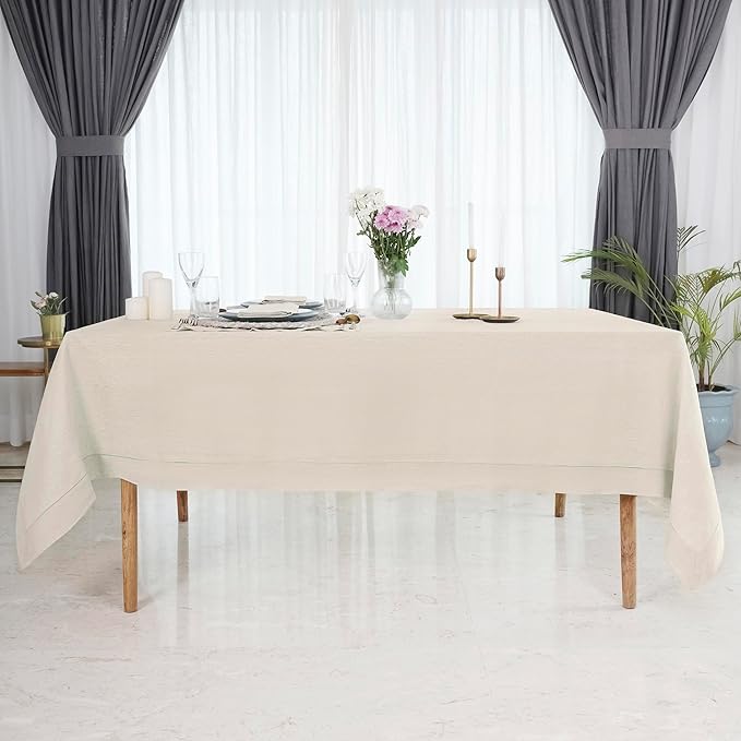 D'Moksha Homes Light Natural Linen Tablecloth for Rectangle Tables 60 x 84 Inch - Classic Hemstitch 100% Pure Linen Natural Table Cloth - Machine Washable Dining Tablecloth for Christmas, Holiday