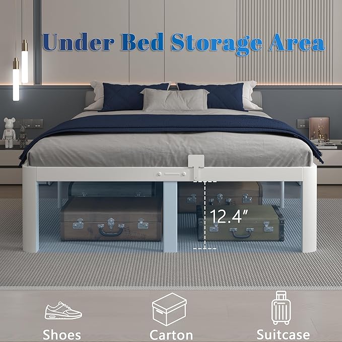 14 Inch White Full Size Bed Frame, Metal Bed Frame Full with Gaskets, No Box Spring Needed, Heavy Duty Steel Platform Supprt, Rounded Corner Design, Reserved Holes, Storage Space, Noise Free