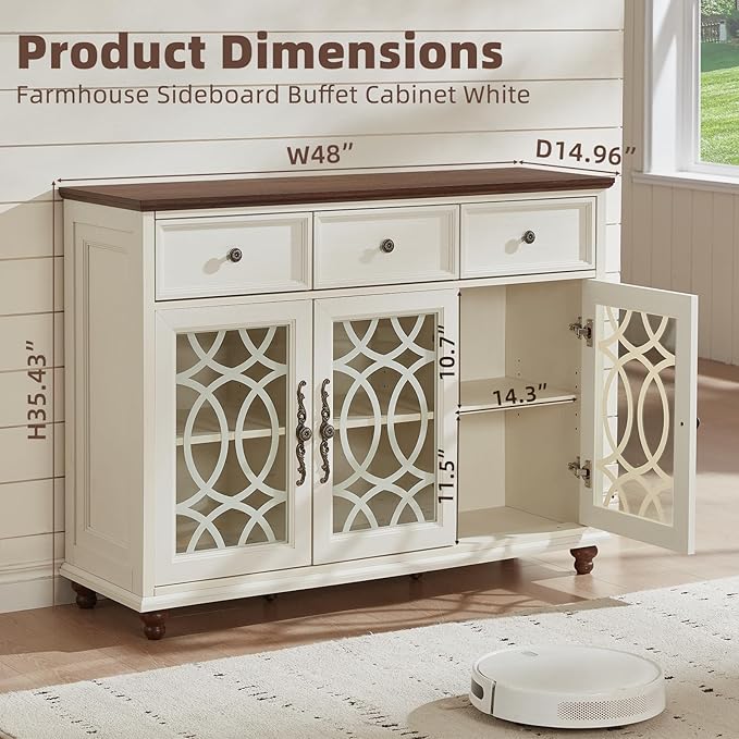 Farmhouse Sideboard Buffet Cabinet Set of 2 with Storage,48" Large Credenza with 3 Glass Doors & 3 Drawers,Adjustable Shelves Console Table,Wood Kitchen Coffee Bar for Dining Room,White