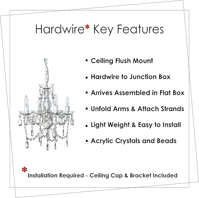 gypsy color The Original Brink House 4 Light Crystal White Hardwire Flush Mount Chandelier H17.5”xW15”, White Metal Frame, Clear Glass Stem, and Acrylic Crystals