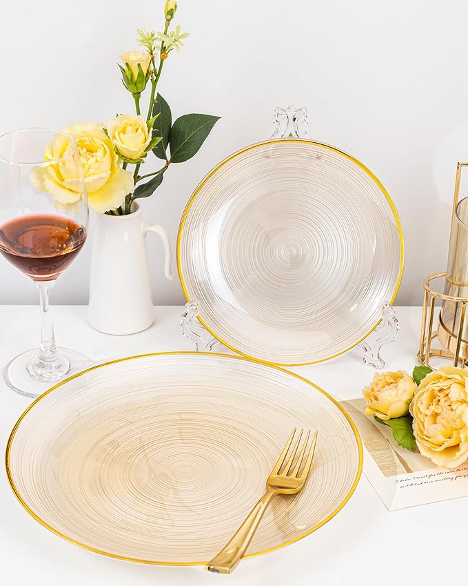 Morejoy 60Pcs Brown Plastic Plates,Brown Disposable Plates With Gold Rim, Gold Party Dinnerware Set Include 30 Dessert plates,30 Dinner plates for Party,Thanksgiving