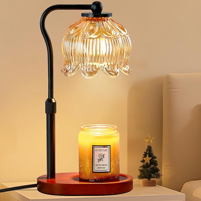 CASTLELIFE Candle Warmer Lamp with Timer & Stepless Dimming, Height Adjustable Electric Wax Warmer for Jar Candles, Flower Wax Melter with Wood Base, Gifts for Women Home Decor, Walnut Wood