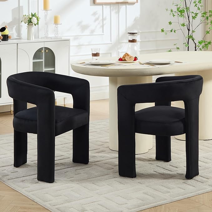 Modern Barrel Dining Chair Set of 1, No Assembly Velvet Upholstered Dining Room Chair with Open Back and 3 Legs, Comfy Accent Armchair for Living Room/Bedroom/Kitchen/Reading, Black