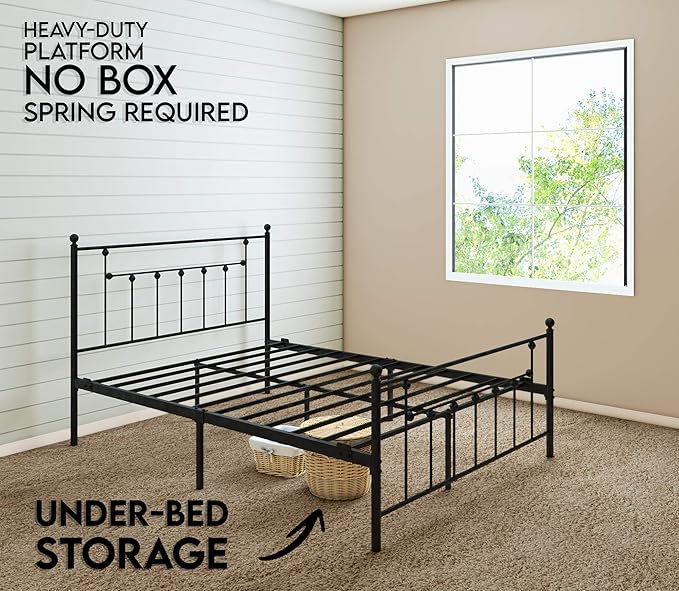 Golden Gate Beds Victorian Style Metal Platform Bed Frame with Antique Wrought Iron-Art Headboard and Footboard, Classic Cama Steel Mattress Foundation, No Box Spring Needed, King Size, Black Finish