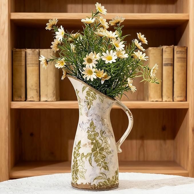 Vintage Ceramic Pitcher Vase with Handle, Farmhouse Green and Purple Large Floral Vases, French Country Decorative Vase, Rustic Table Centerpiece for Home Decor, Bookshelf, Office 10.5 Inch