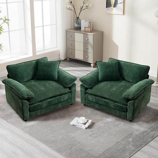 Green Modern Oversized Chair Set of 2, Comfy Chenille Accent Chair Large Upholstered Armchair with Extra Thick and Deep Seat Lounge Chair for Living Room,Bedroom,Apartment