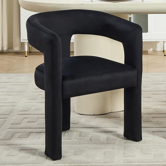 Modern Barrel Dining Chair Set of 1, No Assembly Velvet Upholstered Dining Room Chair with Open Back and 3 Legs, Comfy Accent Armchair for Living Room/Bedroom/Kitchen/Reading, Black