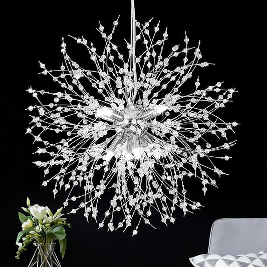 Qamra Modern Crystal Chandeliers, Chrome Firework Dandelion Sputnik Chandelier Light Fixture Pendant Lighting for Living Room, Dining Room, Bedroom, Kitchen(8-Light, Chrome)