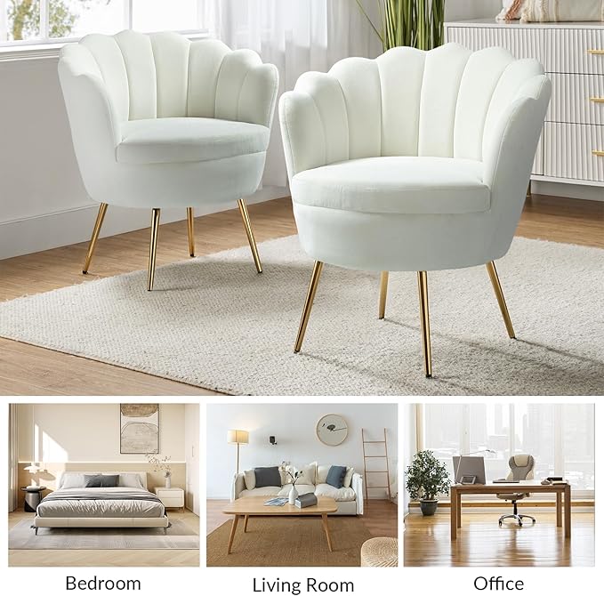 HULALA HOME Modern Velvet Accent Chair with Shell Shaped Back, Cute Living Room Bedroom Armchair with Gold Legs, Comfy Upholstered Vanity Chair for Makeup Room, Ivory