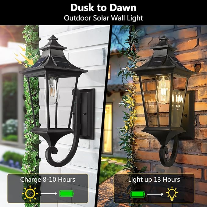 Emliviar Solar Exterior Front Porch Light with Remote Control, 3 Lighting Modes Waterproof Solar Wall Lantern, Auto On/Off Black Outside Light with Clear Glass, 500181-SL BK