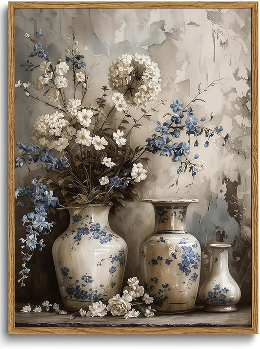 XLARTMY Framed Farmhouse Floral Canvas Wall Art,Vintage Blue and White Wall Art Flower Pictures Wall Decor,Porcelain Vase Posters Prints for Living Room Bedroom Bathroom Rustic Decor 16x24In
