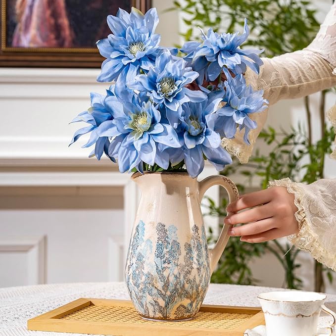 Vintage Blue and Beige Floral Ceramic Vase with Handle, Retro Ice Glazed Crack Farmhouse Pitcher Vase for Home Decor, Living Room, Shelf, Office, French Country Decorative Flower Vase 8.7 Inch