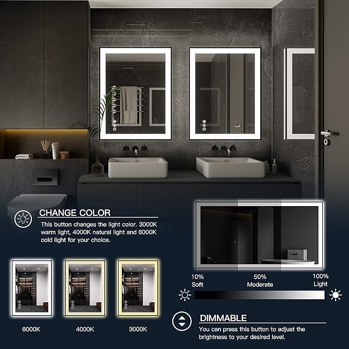 ISKM Framed LED Mirror for Bathroom 48"x30", Dimmable LED Bathroom Mirror with Lights, Anti-Fog, Front and Backlit Lighted Mirror 3-Colors, Shatterproof, Memory Function