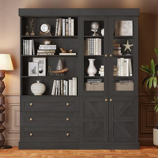 Vyre 71" Tall Farmhouse Bookshelves with Glass Doors and Drawers, Set of 2 – Large Modular Bookcase with Adjustable Shelves, Storage Cabinet for Living Room, Kitchen, Black